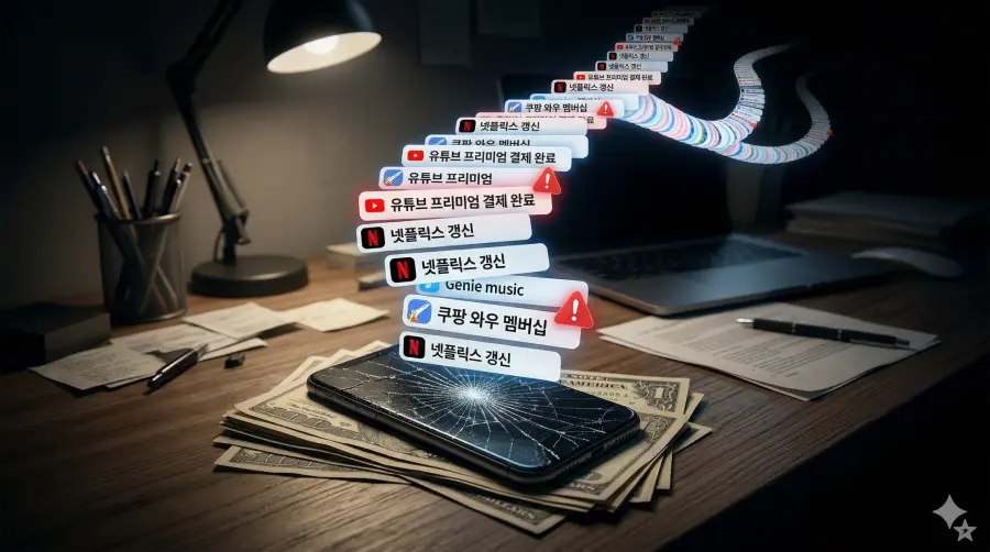 낡은 스마트폰 화면 위에 끝없이 쌓여있는 유튜브 프리미엄, 넷플릭스 등 정기 결제 알림 팝업창들