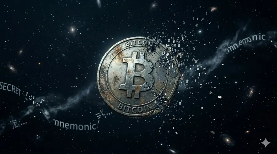 어두운 우주 공간을 떠다니며 디지털 가루로 변해 흩어지는 금속 재질의 비트코인(BTC) 코인